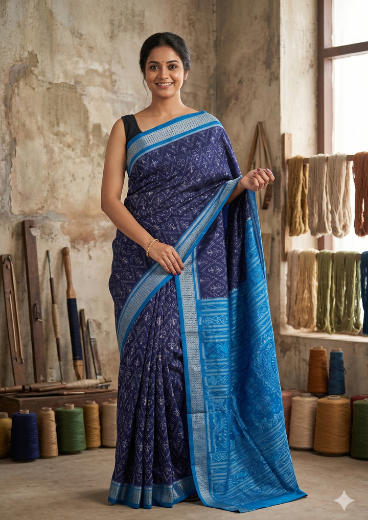 Handwoven Sambalpuri Patta Silk Saree with Navy Blue body & Sky Blue border