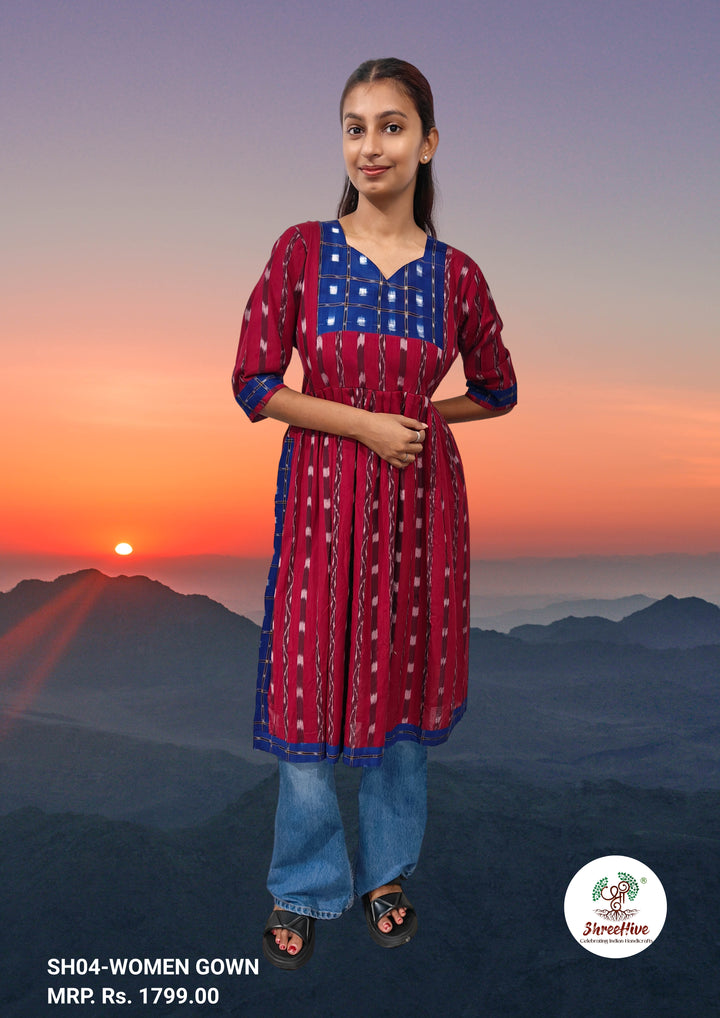 Authentic Sambalpuri Handloom Naira-cut Design Women's Cotton Kurta in Blue & Maroon