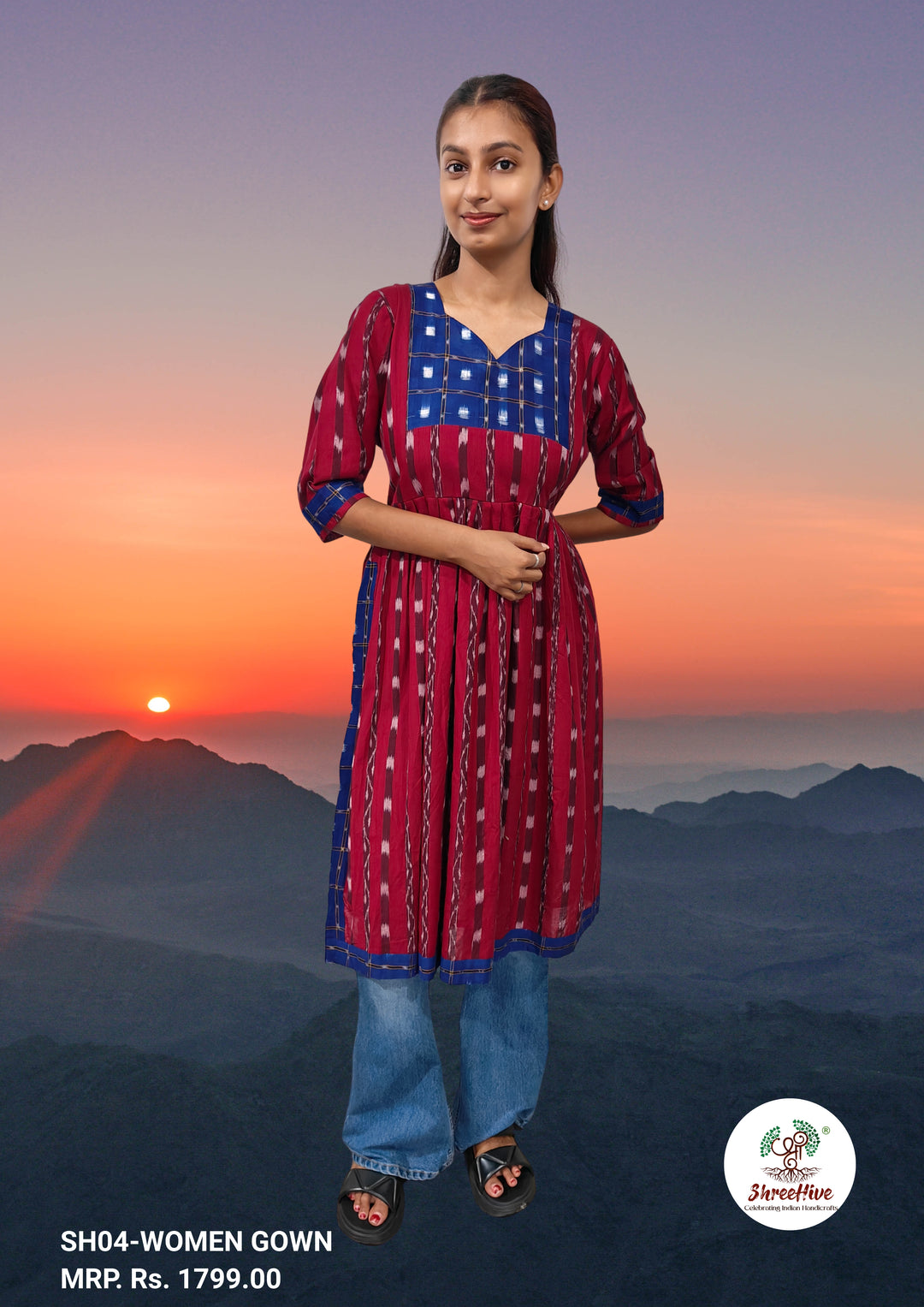 Rudvika – Red & Blue Naira-Cut Frock with Artistic Ikat Detailing