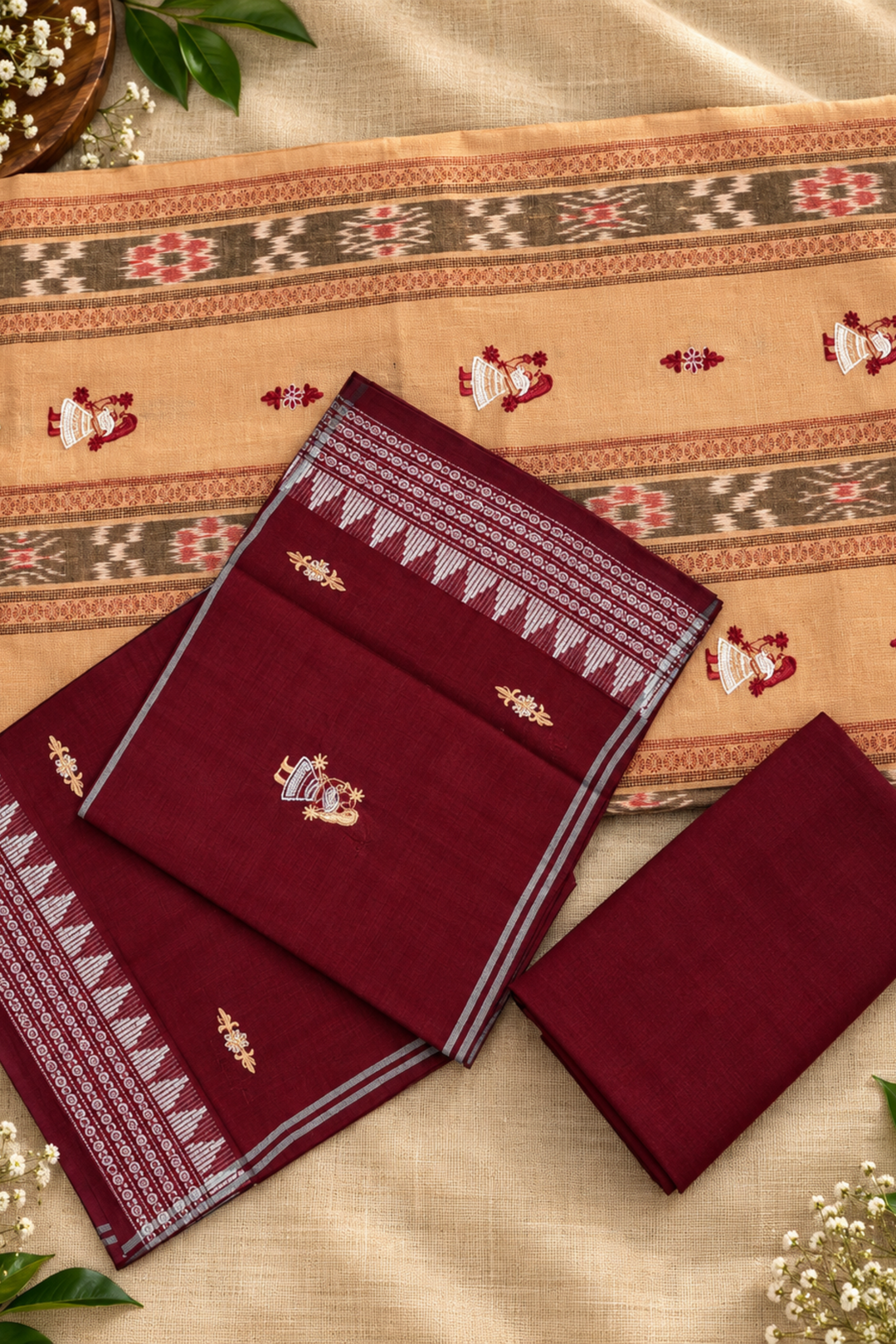 Women's Sambalpuri Peach & Maroon Unstitched Suit Material with Dupatta