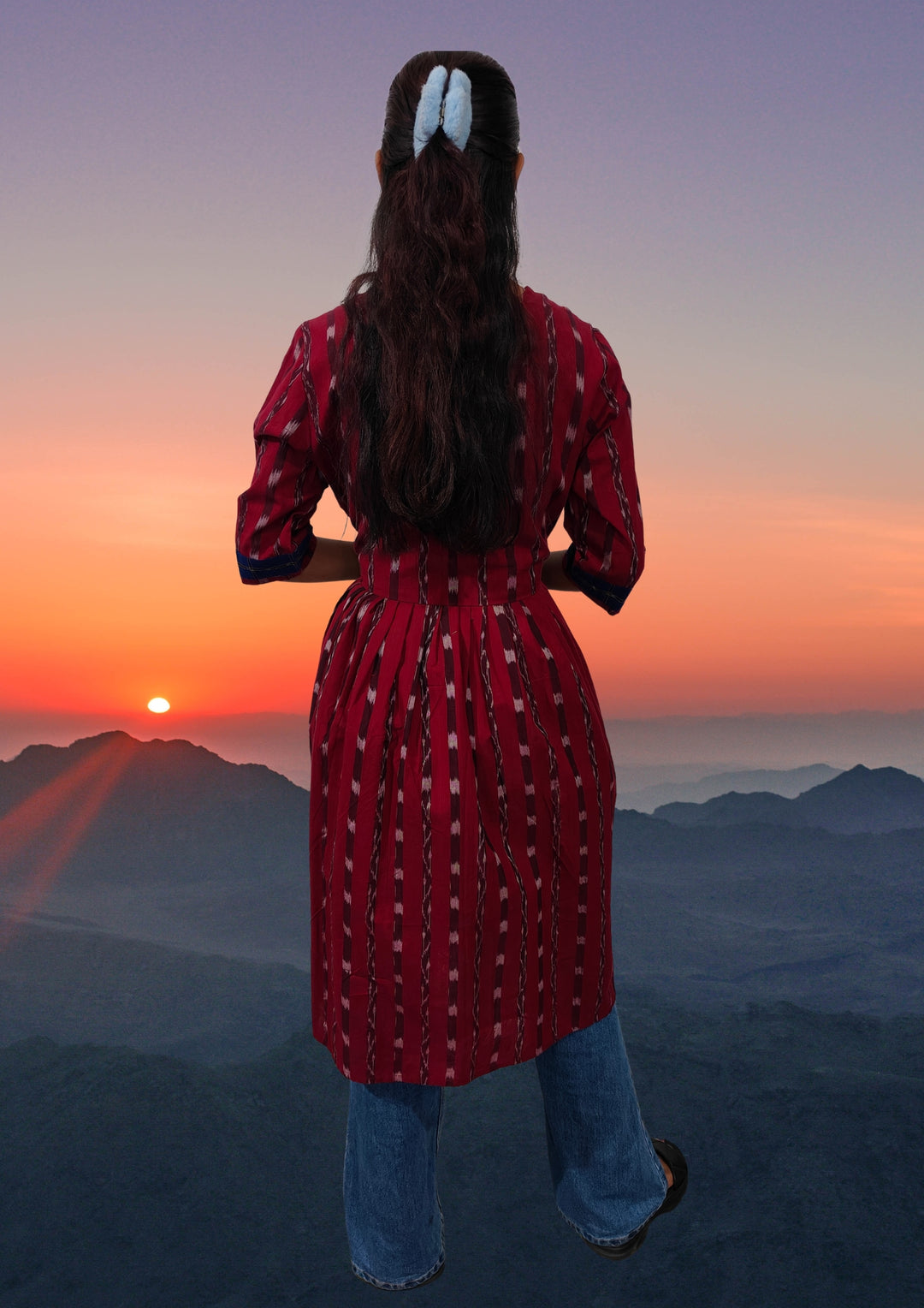 Rudvika – Red & Blue Naira-Cut Frock with Artistic Ikat Detailing