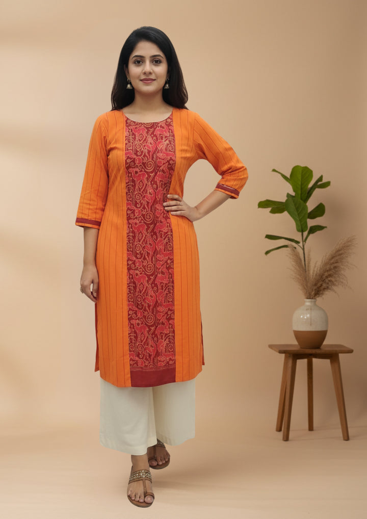 Sambalpuri Women's Kurti - Stripe pattern Cotton Kurti in Orange