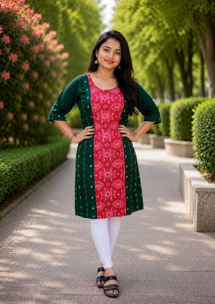 Sambalpuri Women's Kurti - Emerald Elegance Ikat Kurti