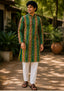 Men's Long Kurta – Green with Maroon and Golden Ikat Vertical Stripe Motif