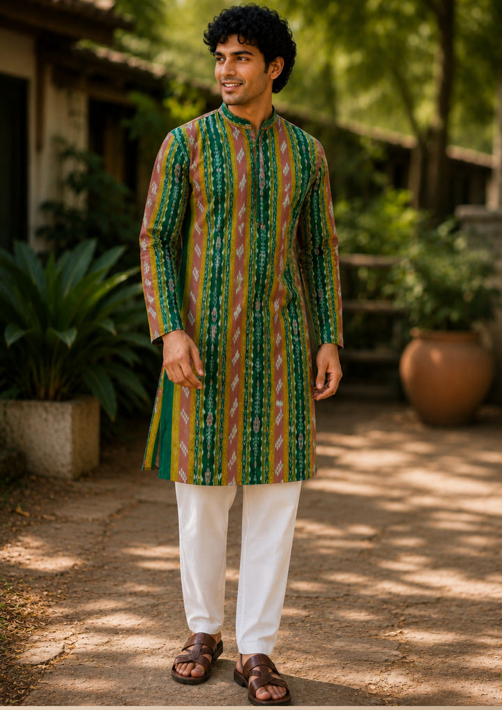 Men's Long Kurta – Green with Maroon and Golden Ikat Vertical Stripe Motif