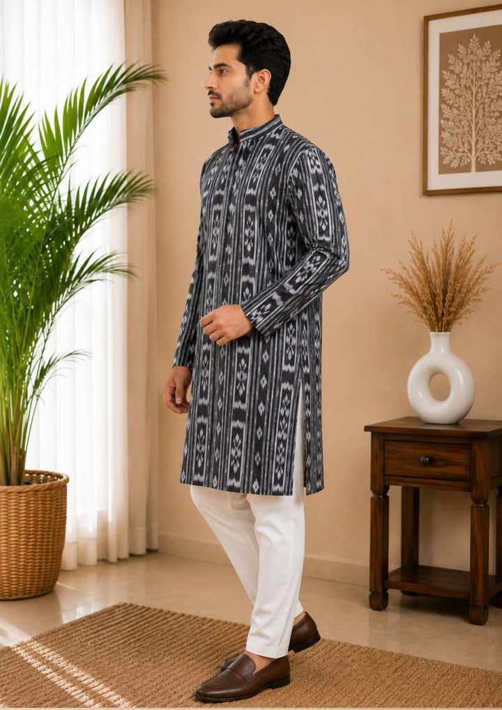 Sambalpuri Men's Long Kurta - Charcoal Grey Kurta