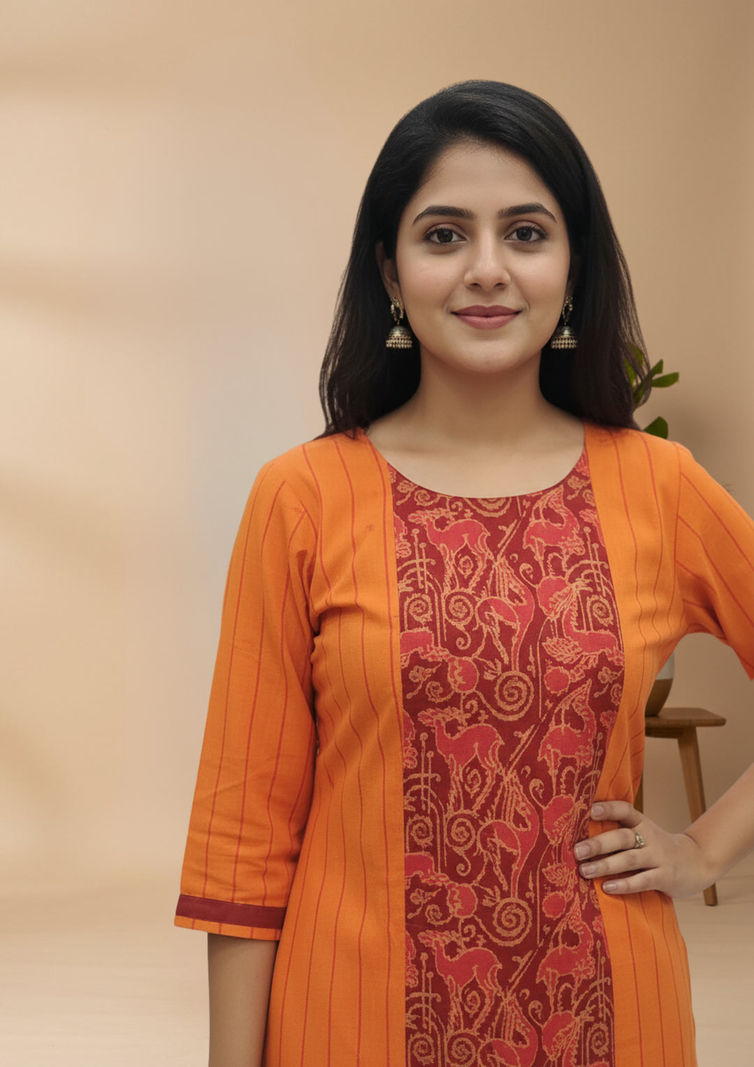 Sambalpuri Women's Kurti - Stripe pattern Cotton Kurti in Orange