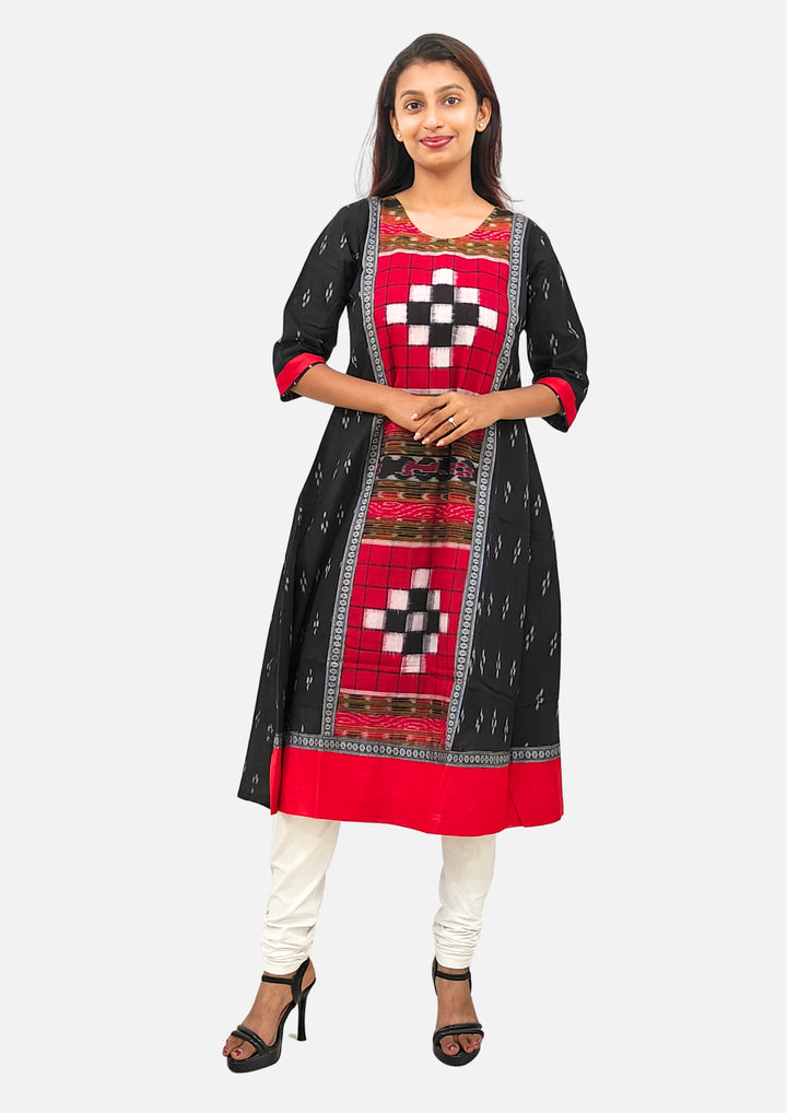 Sambalpuri Women's Gown – Black with Red and White Pasapali Ikat Motif