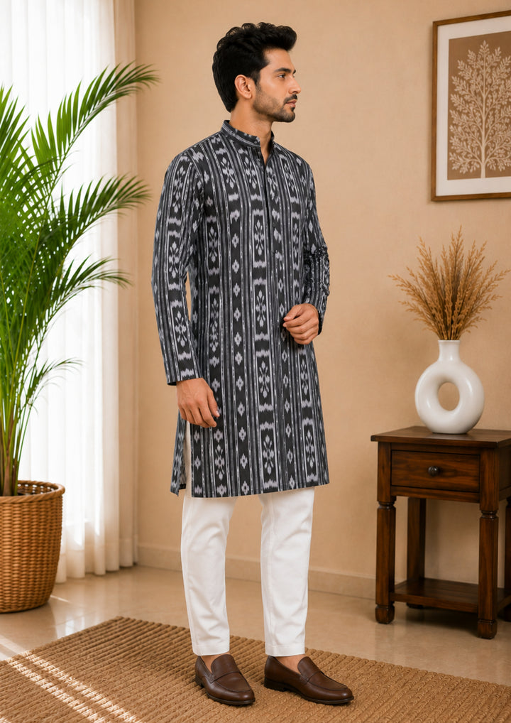 Sambalpuri Men's Long Kurta - Charcoal Grey Kurta