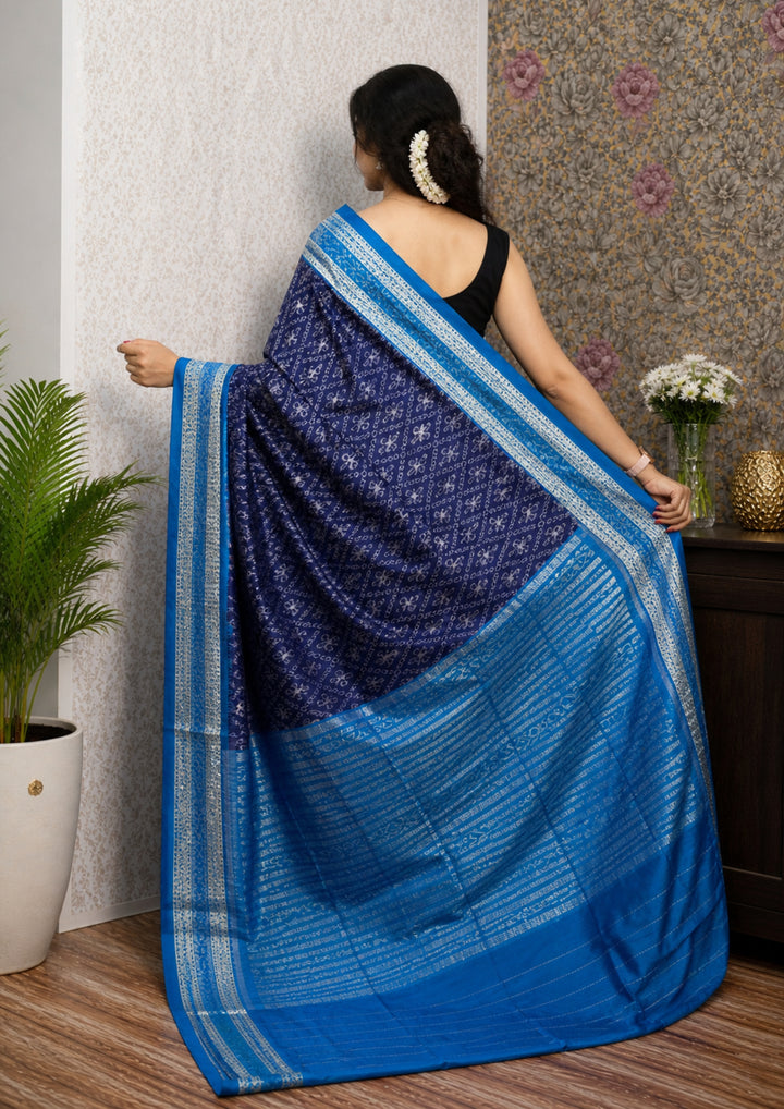 Handwoven Sambalpuri Patta Silk Saree with Navy Blue body & Sky Blue border