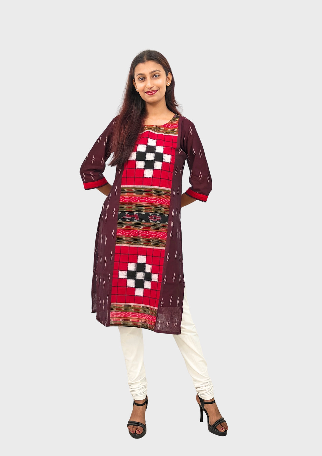Sambalpuri Women's Kurti – Maroon with Black and White Pasapali Ikat Motif