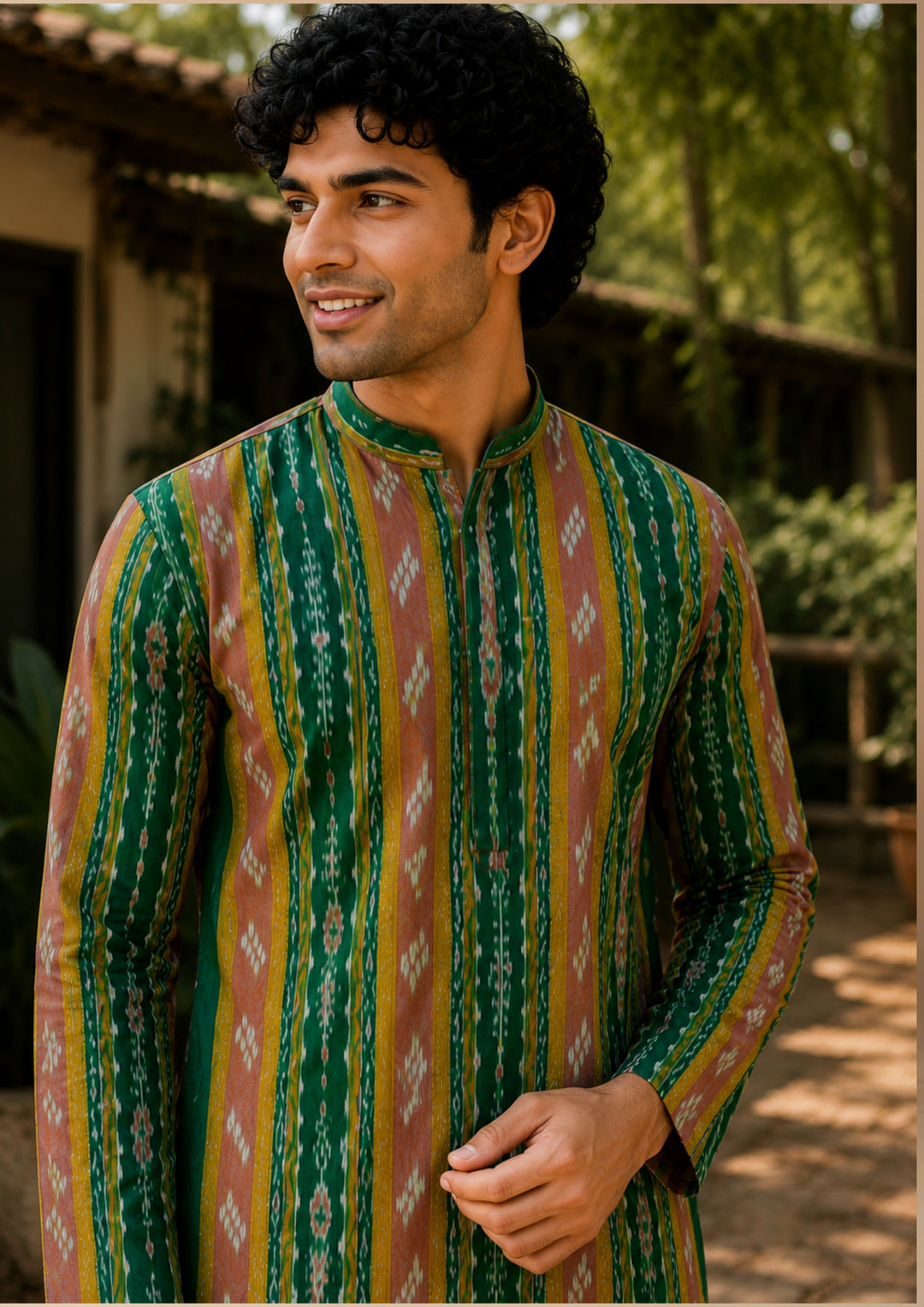 Men's Long Kurta – Green with Maroon and Golden Ikat Vertical Stripe Motif