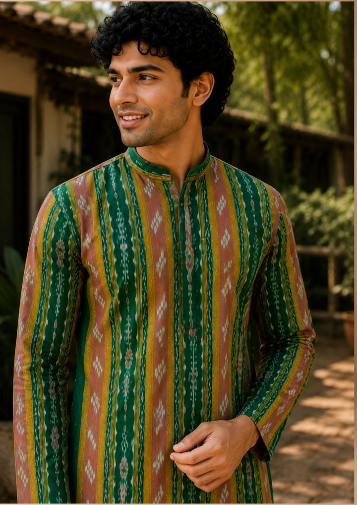 Men's Long Kurta – Green with Maroon and Golden Ikat Vertical Stripe Motif