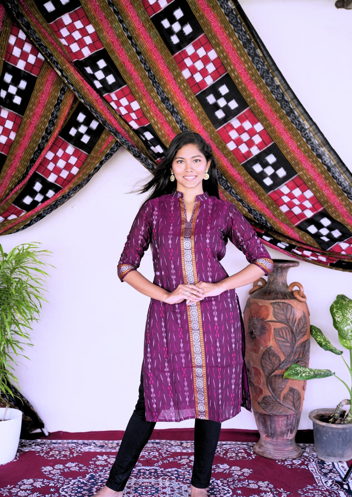 Sambalpuri Women's Kurti – Maroon with Mustard and White Ikat Vertical Stripe Motif