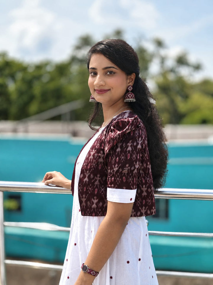 Women’s Pure Handloom Sambalpuri Cotton Jacket with White Butty Flared Frock
