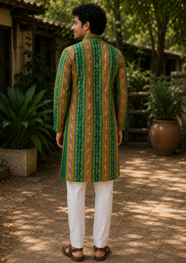 Men's Long Kurta – Green with Maroon and Golden Ikat Vertical Stripe Motif