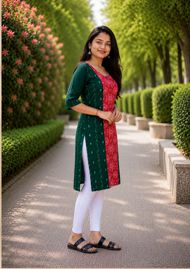 Sambalpuri Women's Kurti - Emerald Elegance Ikat Kurti