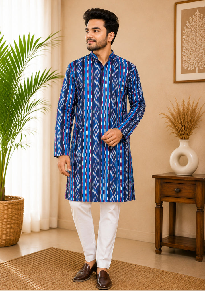 Sambalpuri Men's Long Kurta - Royal Sapphire Kurta