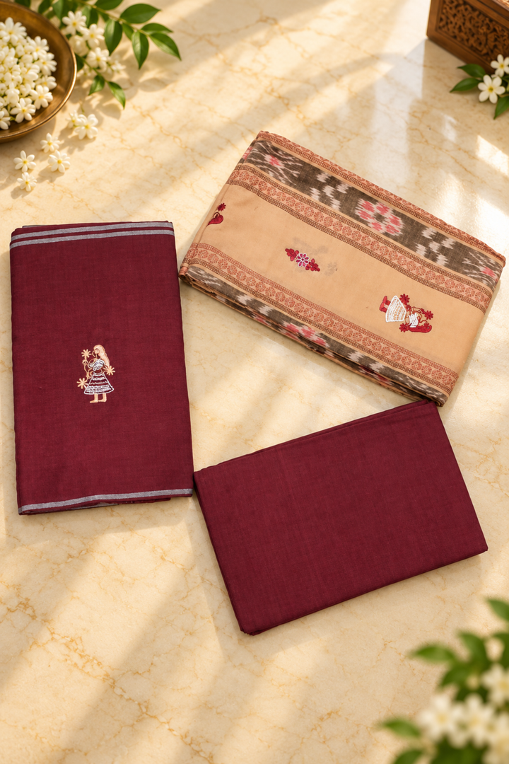 Women's Sambalpuri Peach & Maroon Unstitched Suit Material with Dupatta