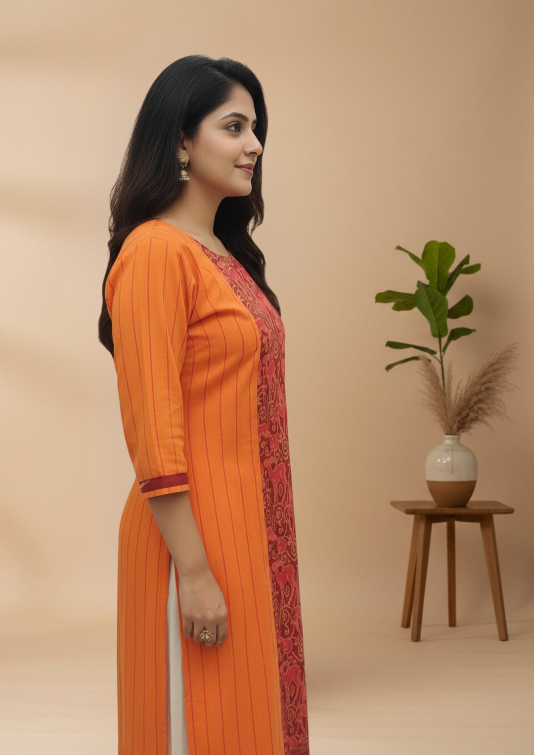 Sambalpuri Women's Kurti - Stripe pattern Cotton Kurti in Orange