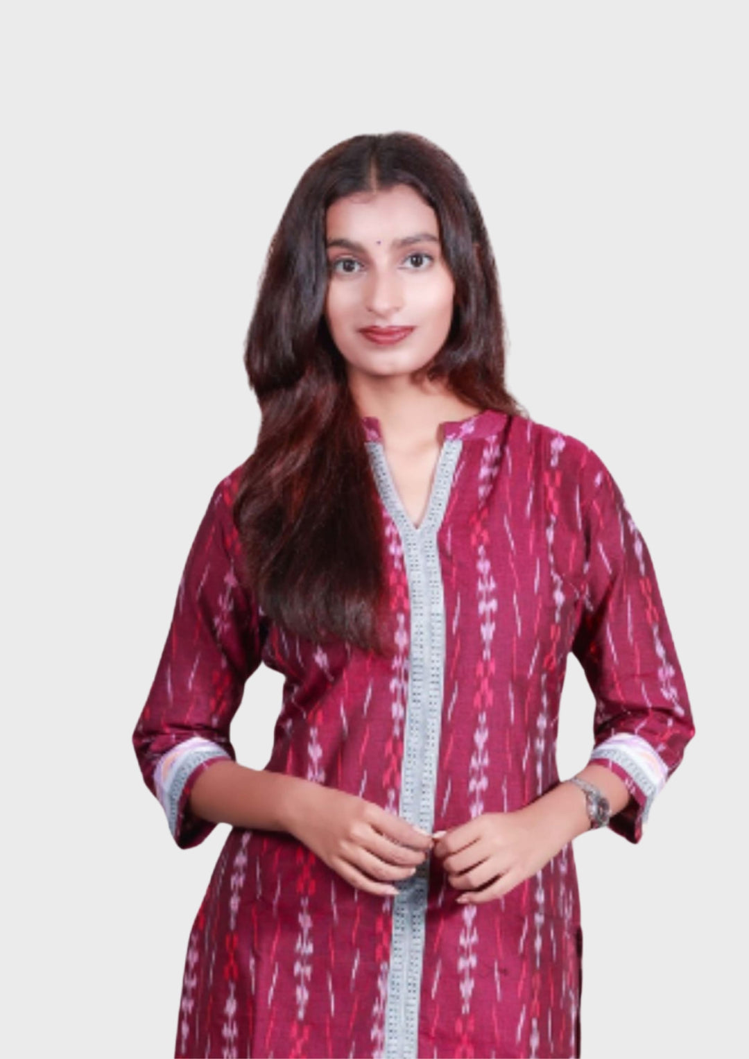 Sambalpuri Women's Kurti -  High Neck Lace-work Kurta in Magenta