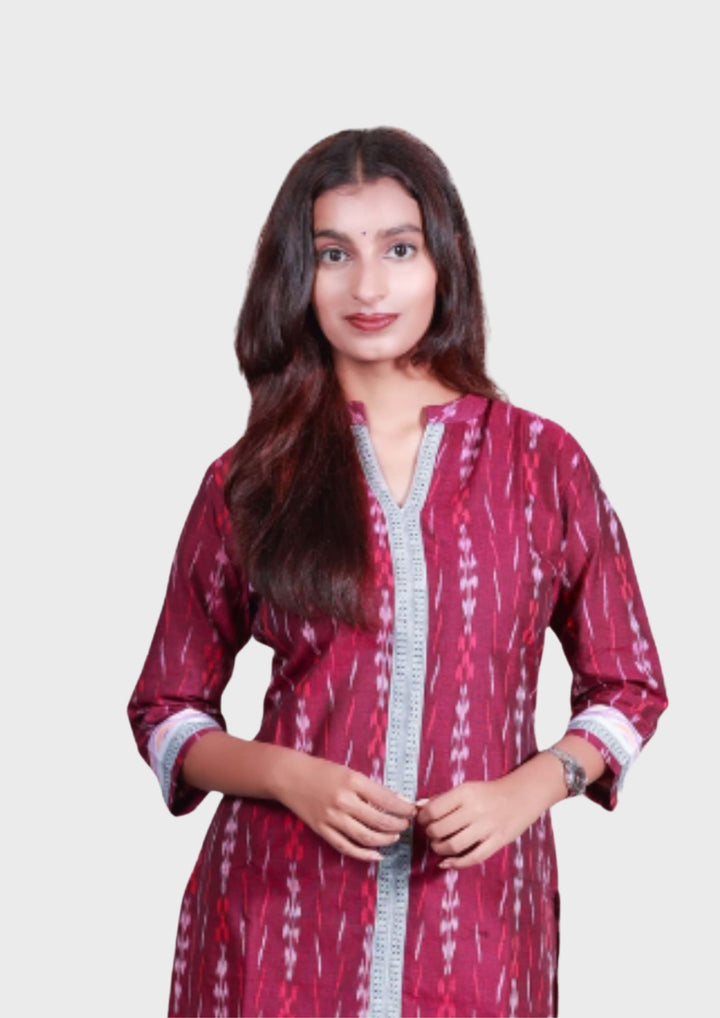 Sambalpuri Women's Kurti -  High Neck Lace-work Kurta in Magenta