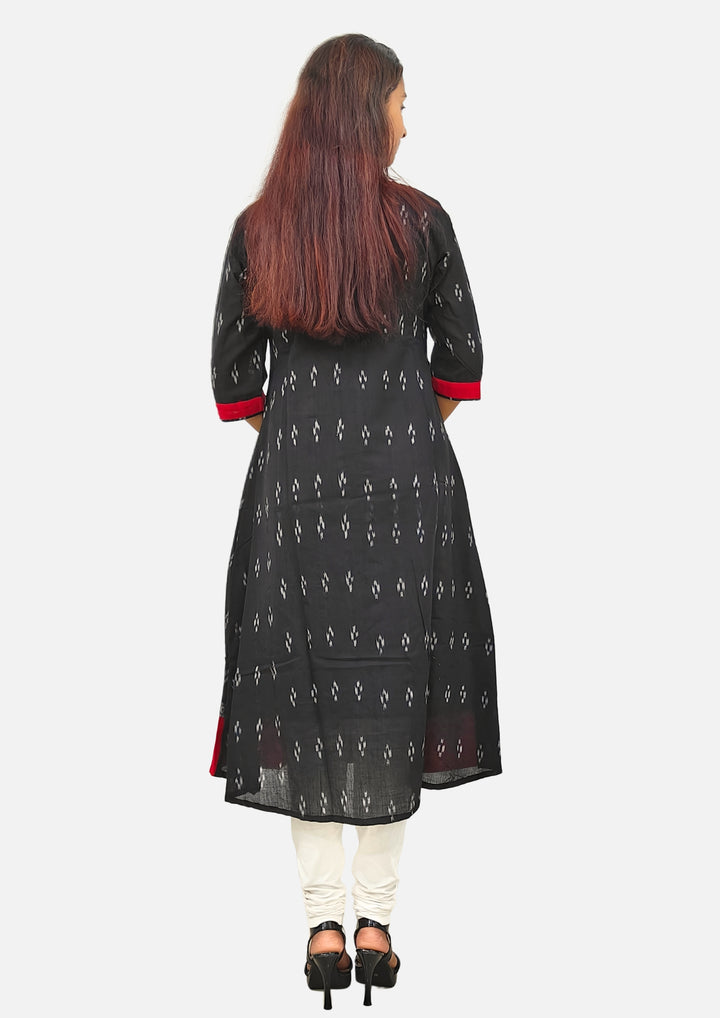 Sambalpuri Women's Gown – Black with Red and White Pasapali Ikat Motif