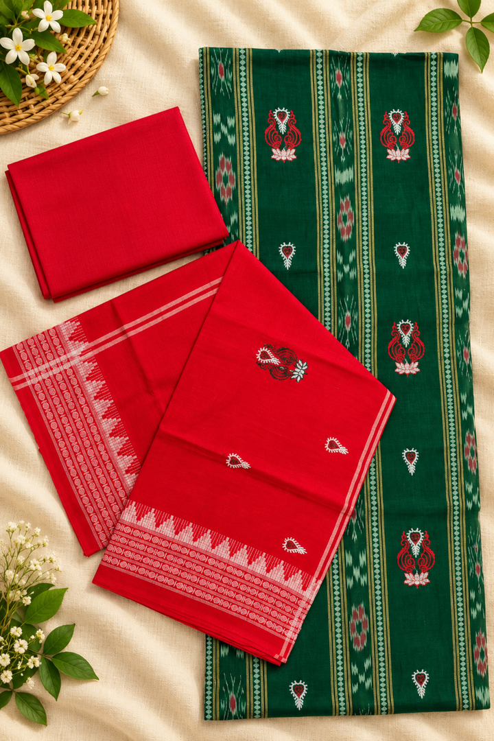 Women's Sambalpuri Red & Green Unstitched Suit Material with Dupatta