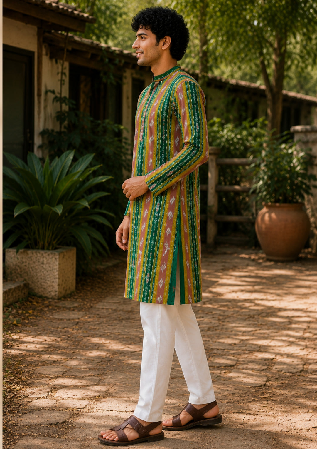 Men's Long Kurta – Green with Maroon and Golden Ikat Vertical Stripe Motif