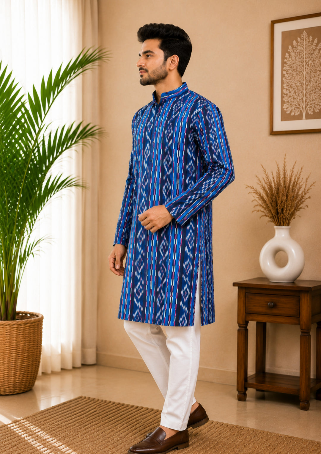 Sambalpuri Men's Long Kurta - Royal Sapphire Kurta