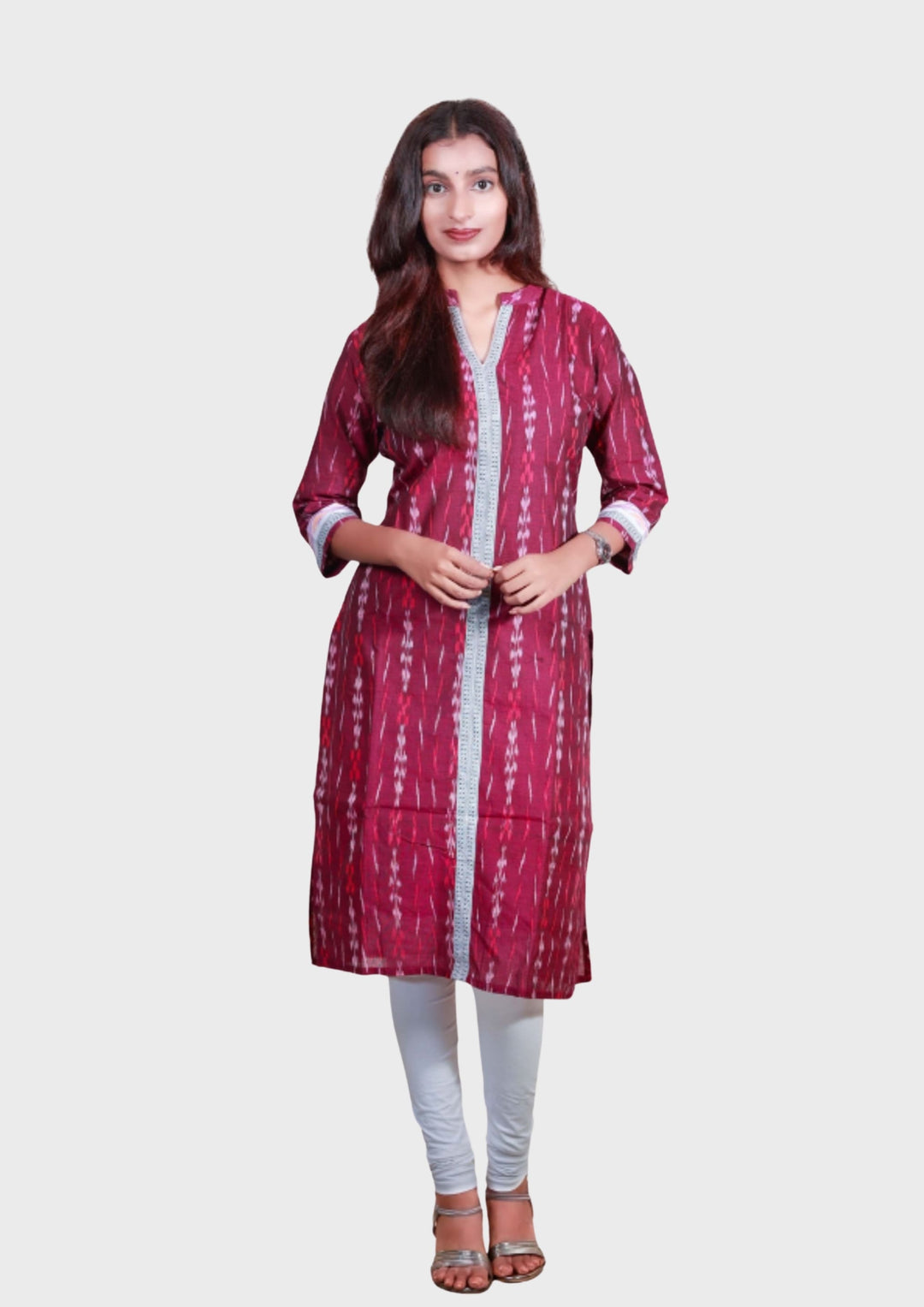 Sambalpuri Women's Kurti -  High Neck Lace-work Kurta in Magenta