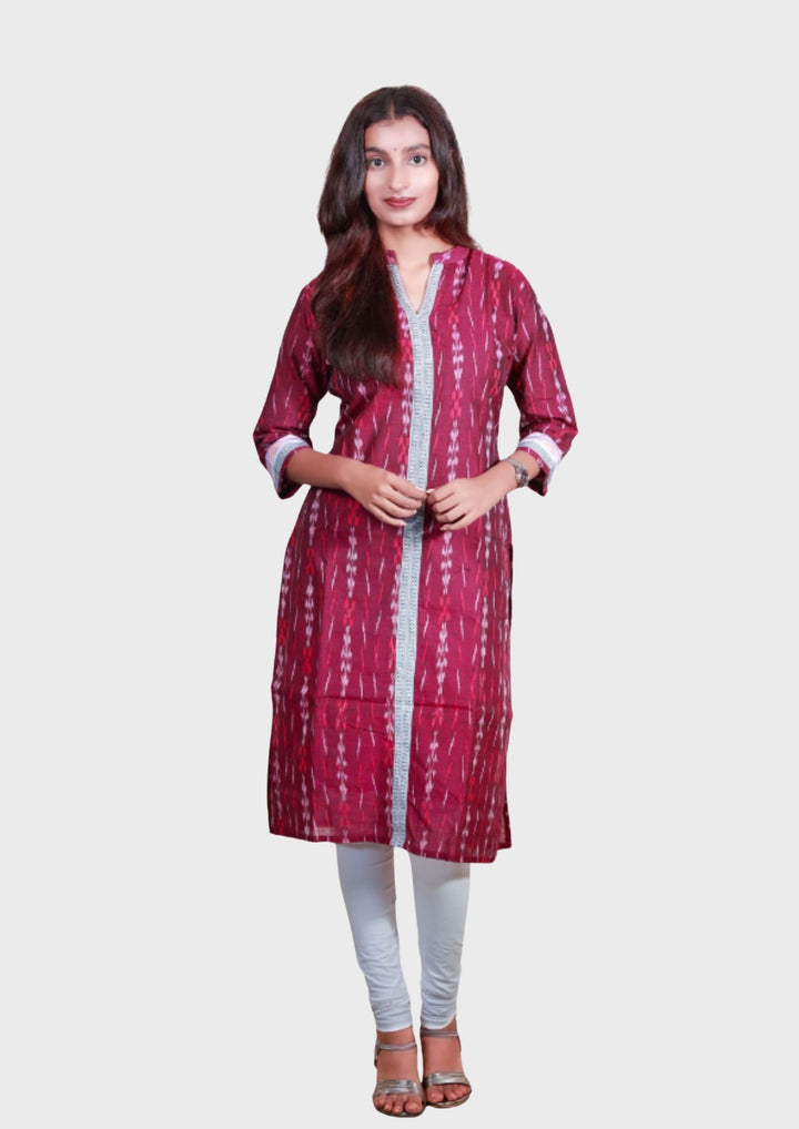 Sambalpuri Women's Kurti -  High Neck Lace-work Kurta in Magenta