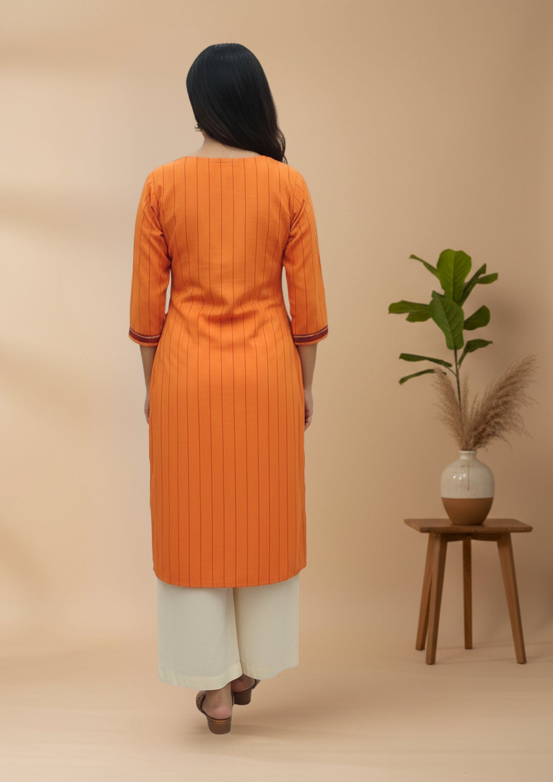 Sambalpuri Women's Kurti - Stripe pattern Cotton Kurti in Orange