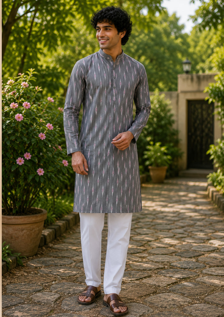 Men’s Long Kurta – Grey Base with Multicolor Ikat Vertical Stripe Motif
