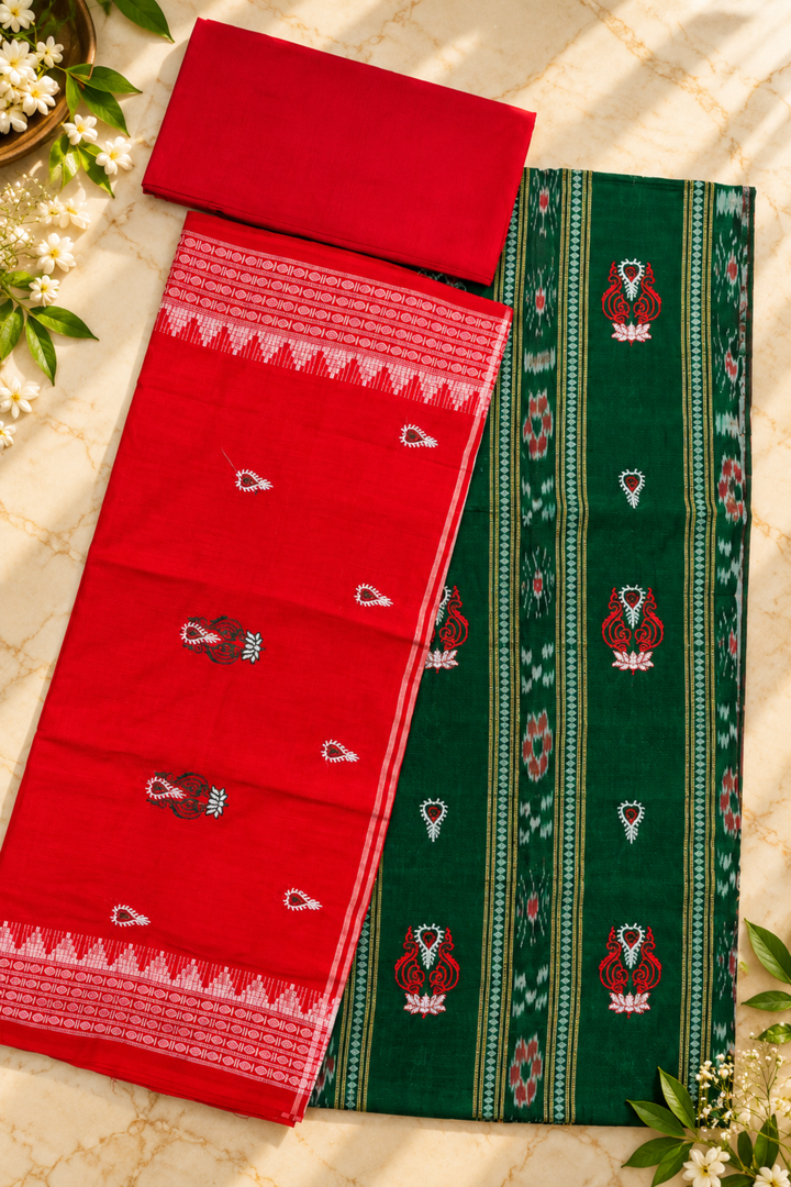 Women's Sambalpuri Red & Green Unstitched Suit Material with Dupatta
