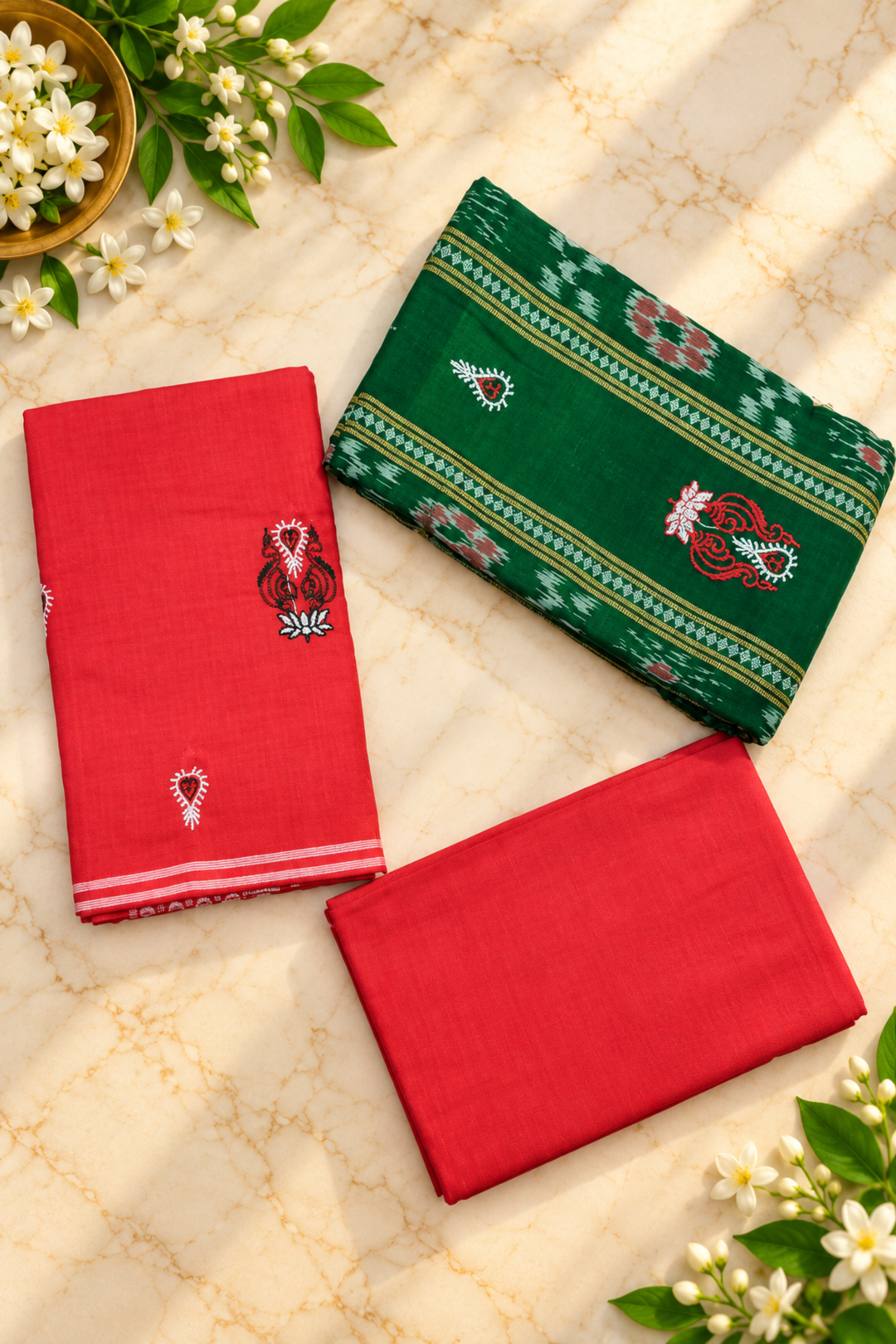 Women's Sambalpuri Red & Green Unstitched Suit Material with Dupatta