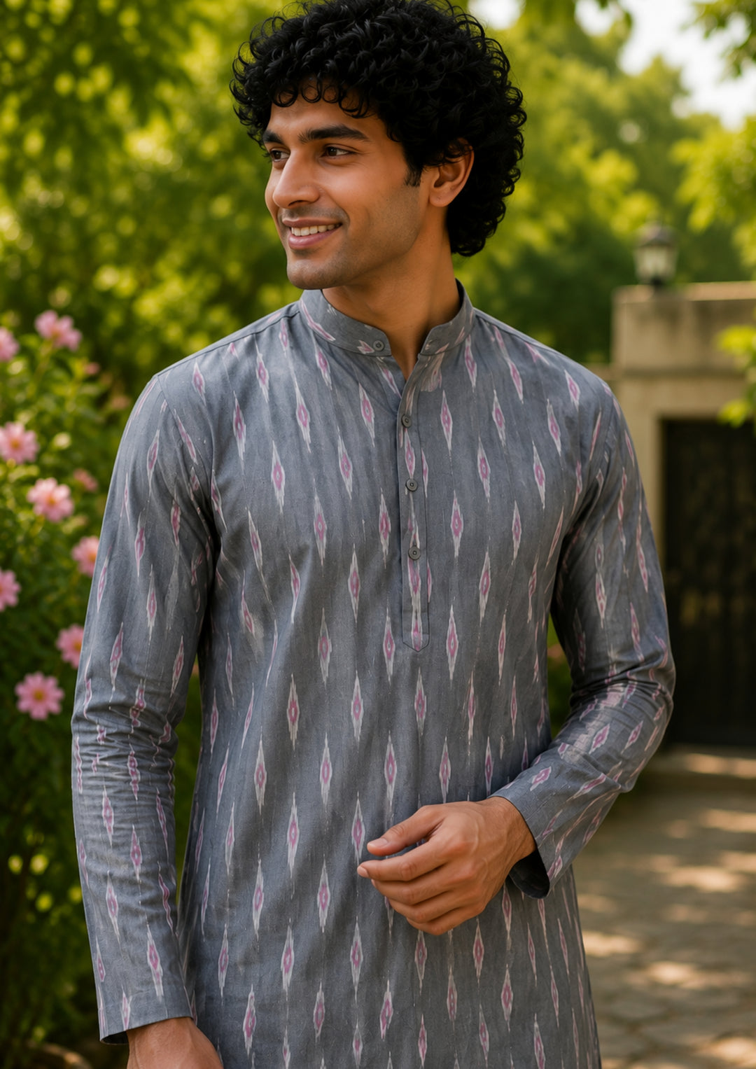 Men’s Long Kurta – Grey Base with Multicolor Ikat Vertical Stripe Motif
