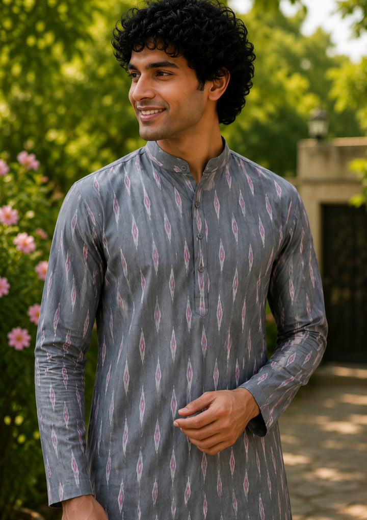Men’s Long Kurta – Grey Base with Multicolor Ikat Vertical Stripe Motif