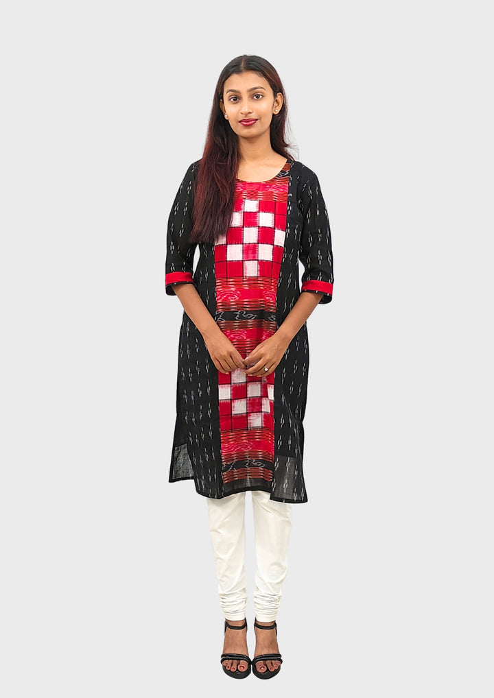Sambalpuri Women's Kurti – Black with Red and White Pasapali Ikat Motif
