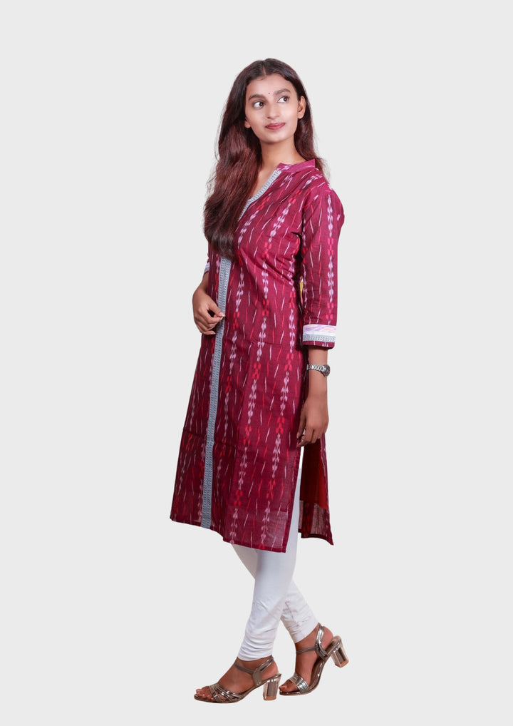 Sambalpuri Women's Kurti -  High Neck Lace-work Kurta in Magenta