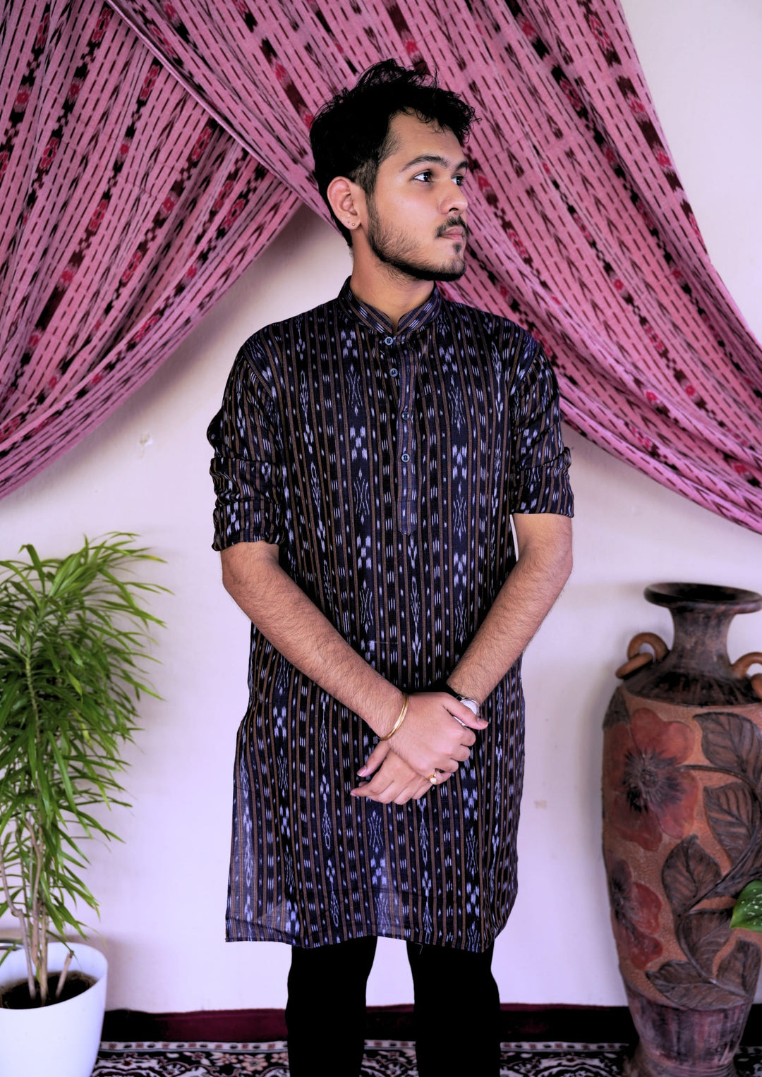 Sambalpuri Men’s Long Kurta – Navy Blue with Brown Ikat Vertical Stripe Motif