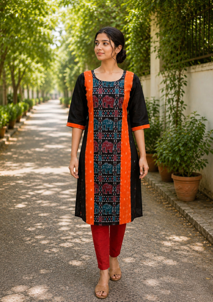 Sambalpuri Women's Kurti - Royal Elephant Motif Cotton Kurti