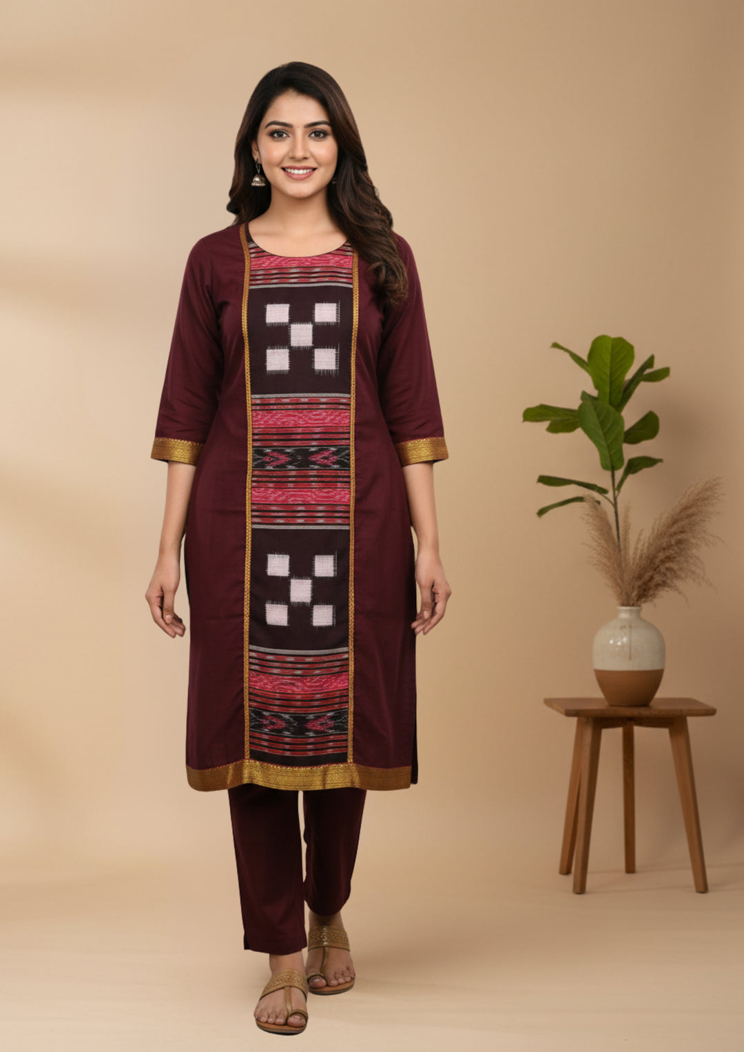Sambalpuri Women's Kurti - Lace work Cotton Kurti in Dark Coffee