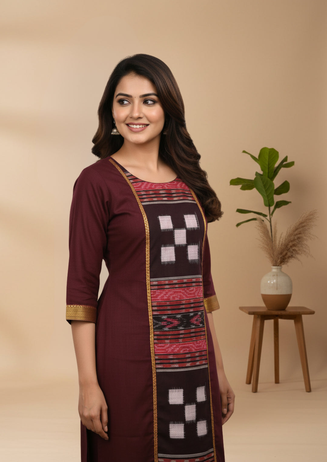 Sambalpuri Women's Kurti - Lace work Cotton Kurti in Dark Coffee