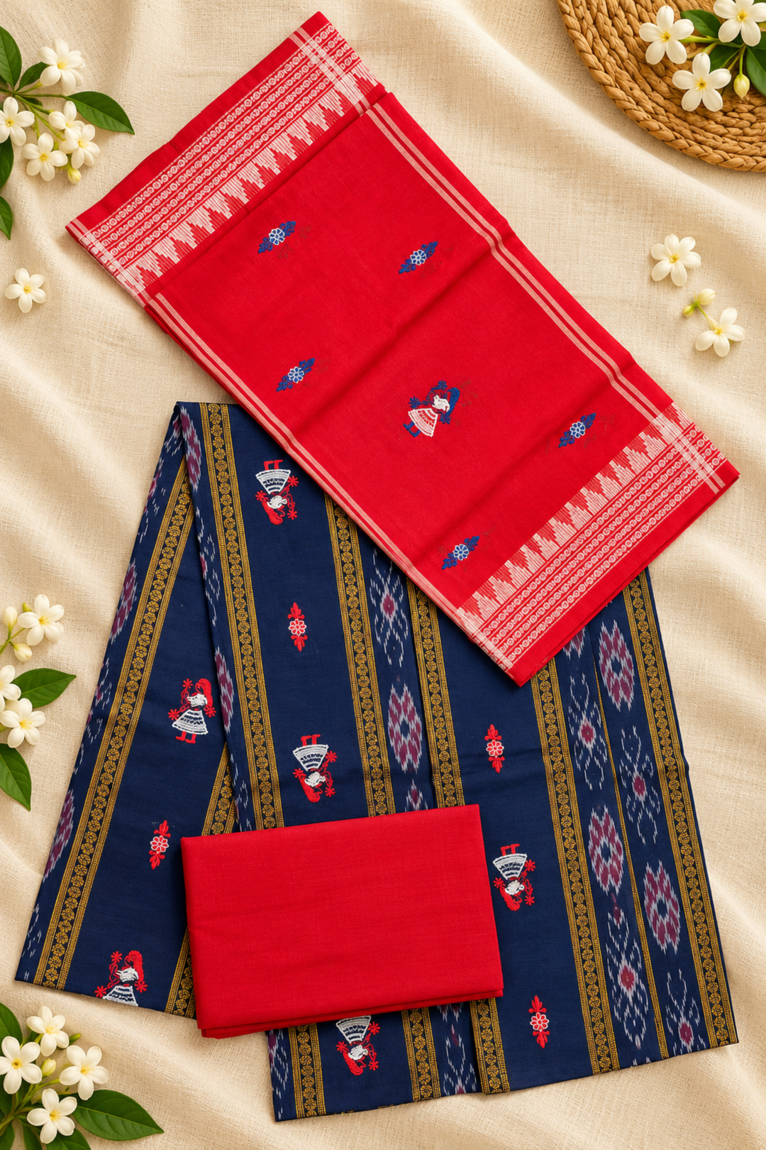 Women's Sambalpuri Coral Red & Navy Blue Unstitched Suit Material with Dupatta