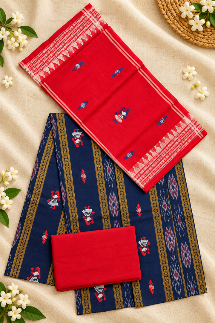 Women's Sambalpuri Coral Red & Navy Blue Unstitched Suit Material with Dupatta