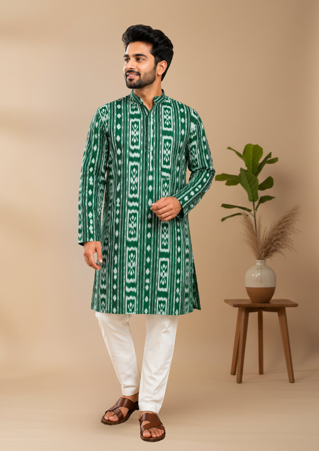 Sambalpuri Men's Long Kurta - Emerald Green Kurta