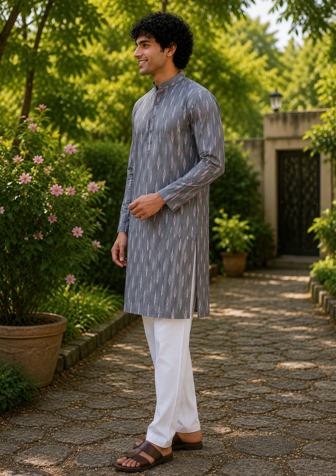 Men’s Long Kurta – Grey Base with Multicolor Ikat Vertical Stripe Motif