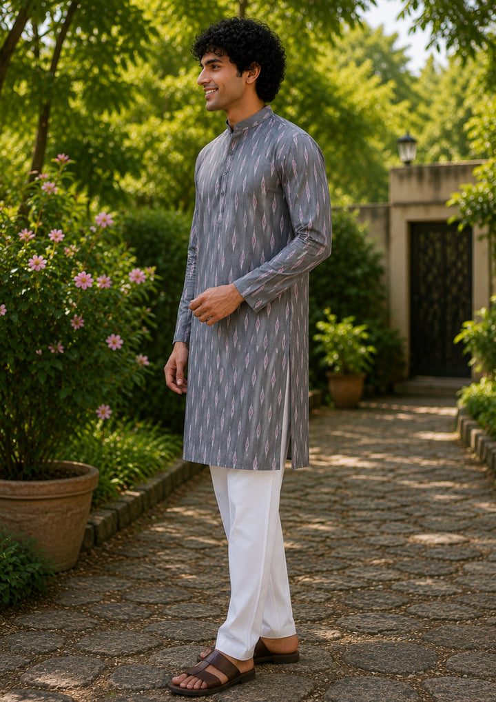 Men’s Long Kurta – Grey Base with Multicolor Ikat Vertical Stripe Motif