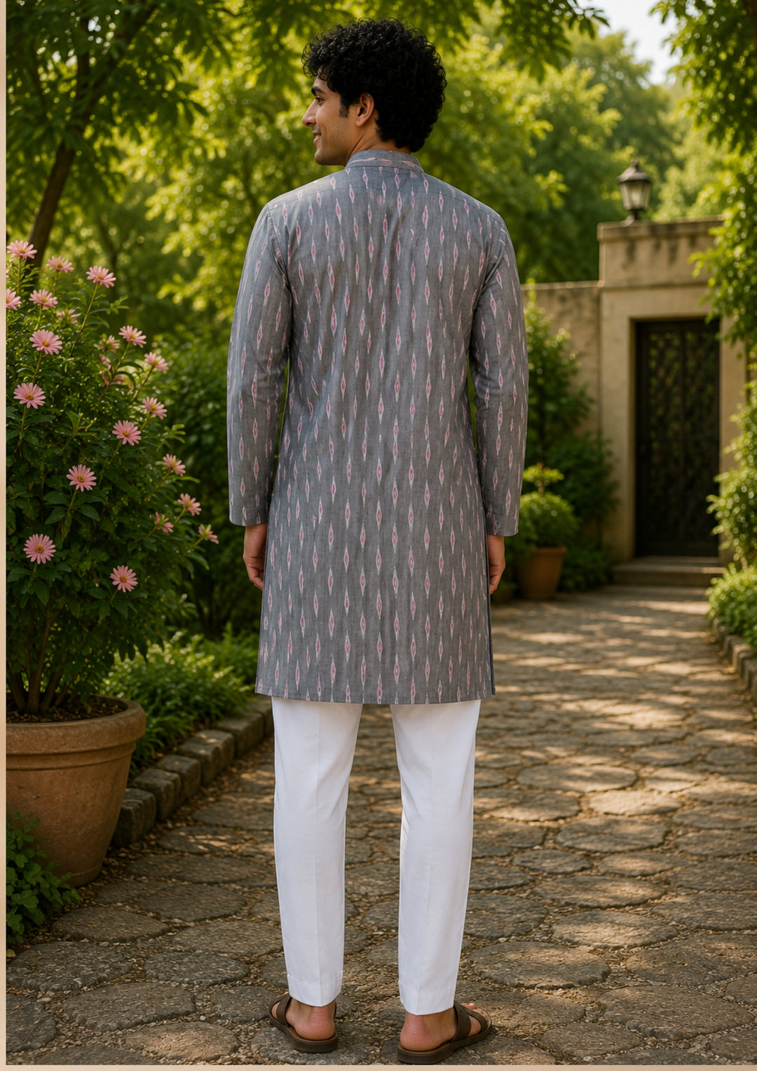 Men’s Long Kurta – Grey Base with Multicolor Ikat Vertical Stripe Motif